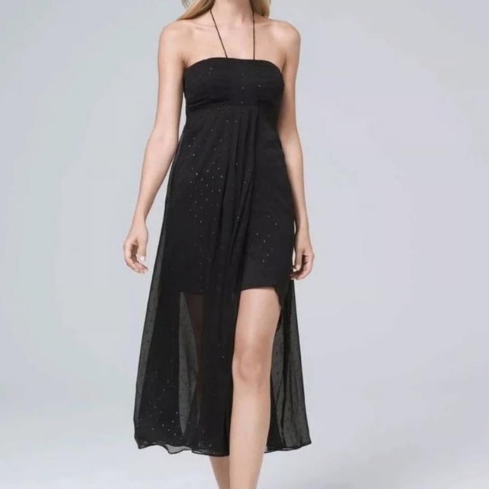 NWT White House Black Market Strapless With Slit Sparkle Sheer Dress – Size 10 ✨